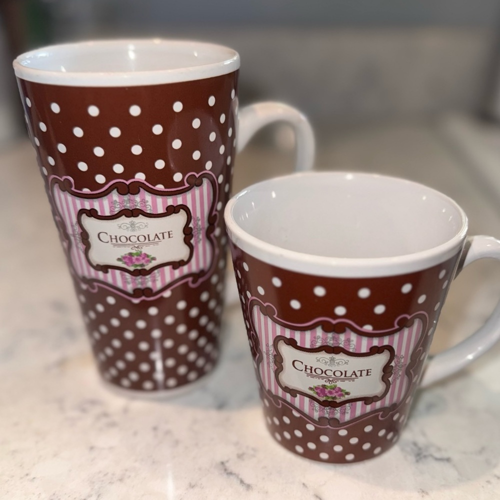 2 mugs, “Chocolate” brown with white polka dots and pinks stripe accents